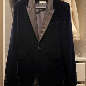 Saint Laurent Navy Velvet Blazer with Gray Satin Lapel